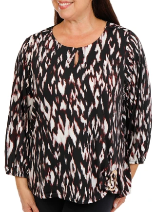 Thumbnail 1: Zac & Rachel Women's Plus 3/4 Sleeve Printed Side Ruched Top 