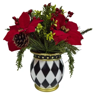 Thumbnail 1: Magical Season Red Poinsettia Christmas Arrangement in Harlequin Vase 