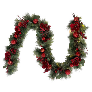Thumbnail 1: Magical Season 9 Ft Red Magnolia & Pinecone Christmas Garland 