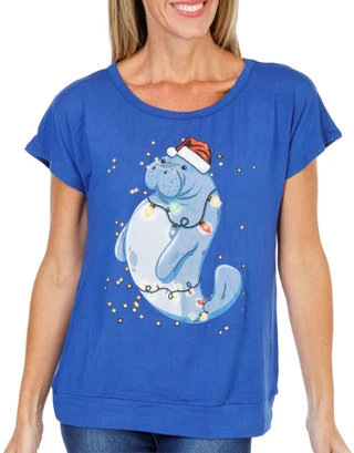 Thumbnail 1: Chubby Mermaids Women's Short Sleeve Christmas Manatee Graphic Tee  