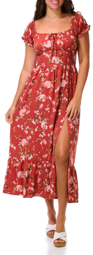 Thumbnail 1: INSPIRED HEARTS Juniors Short Sleeve Floral Print Smocked Waist Maxi Dress 