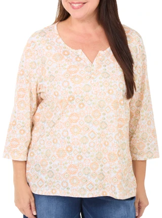 Thumbnail 1: Coral Bay Women's Plus 3/4 Sleeve Geometric Print Split Neck Top 