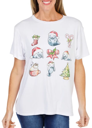 Thumbnail 1: Chubby Mermaids Women's Christmas Manatee Graphic Tee  