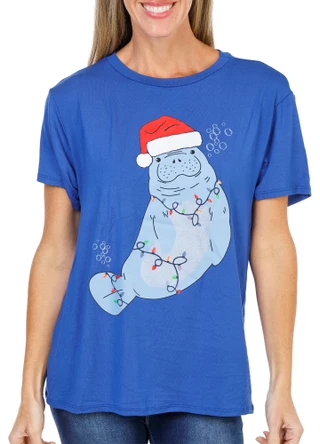 Thumbnail 1: Chubby Mermaids Women's Christmas Manatee Graphic Tee  