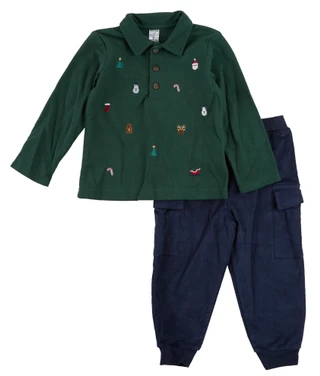 Thumbnail 1: WILLOW AND WYATT 2 Pc Toddler Boys Long Sleeve Christmas Polo w/ Cargo Pants 