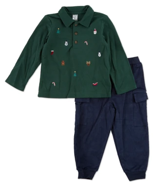 Thumbnail 1: WILLOW AND WYATT 2 Pc Toddler Boys Long Sleeve Christmas Polo w/ Cargo Pants 