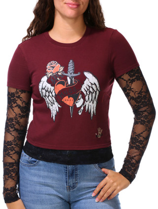 Thumbnail 1: Mudd Juniors Lace Sleeve Twofer Graphic Tee 