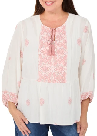 Thumbnail 1: Vince Camuto Women's Plus 3/4 Sleeve Peasant Drawstring Keyhole Top  