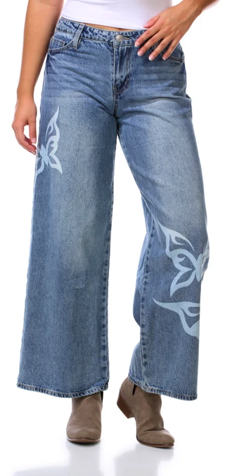 Thumbnail 1: YMI Juniors Low Rise Butterfly Print Wide Leg Jeans 