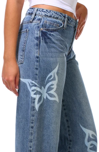 Thumbnail 2: YMI Juniors Low Rise Butterfly Print Wide Leg Jeans 