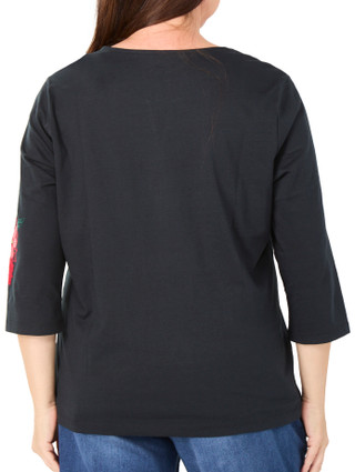 Thumbnail 2: Coral Bay Women's Plus 3/4 Sleeve Floral Embroidered V-Neck Top 