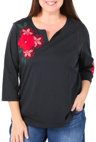 Thumbnail 1: Coral Bay Women's Plus 3/4 Sleeve Floral Embroidered V-Neck Top 