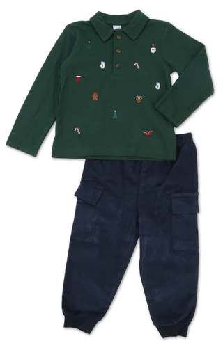 Thumbnail 1: WILLOW AND WYATT Toddler Boys 2 Pc Long Sleeve Christmas Polo w/ Cargo Pants 