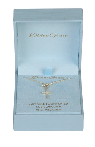 Thumbnail 1: Divine Grace Gold Flash Plated Cubic Zirconia Cross Necklace 