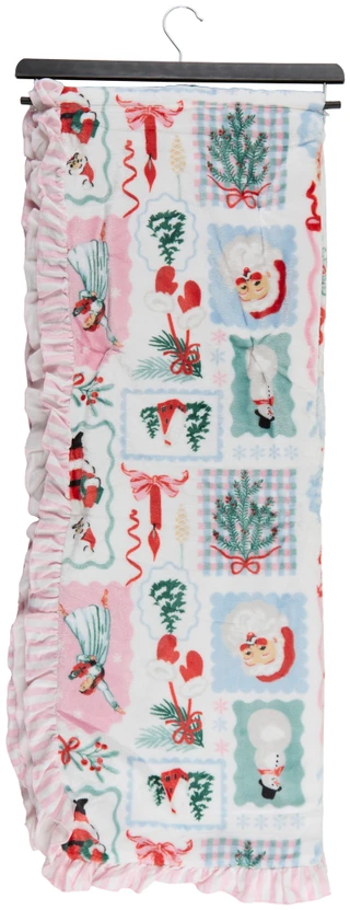 Thumbnail 2: Mitten + Merry 50x70 Christmas Print Plush Ruffle Border Throw 