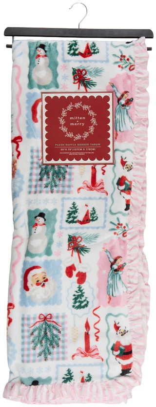 Thumbnail 1: Mitten + Merry 50x70 Christmas Print Plush Ruffle Border Throw 