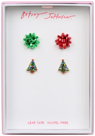 Thumbnail 1: Betsey Johnson 2 Pk Christmas Tree & Bow Stud Earrings 