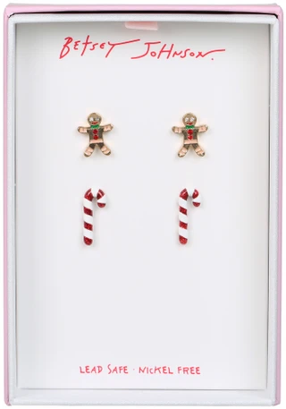 Thumbnail 1: Betsey Johnson 2 Pk Christmas Gingerbread & Candy Cane Stud Earrings 