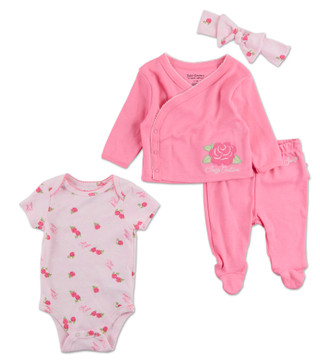 Thumbnail 1: Juicy Couture Baby Girl's 4 Pc Rose Long Sleeve Pants Onesie Set 