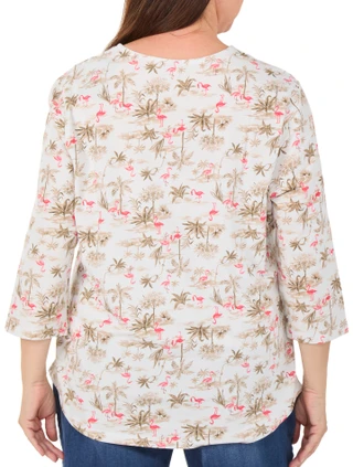 Thumbnail 2: Coral Bay Women's Plus 3/4 Sleeve Tropical Flamingo Print Top  