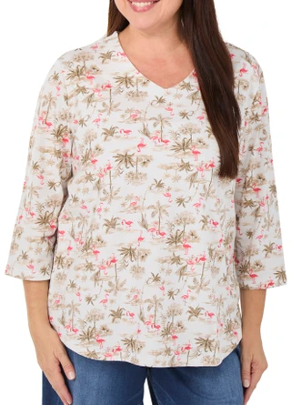 Thumbnail 1: Coral Bay Women's Plus 3/4 Sleeve Tropical Flamingo Print Top  