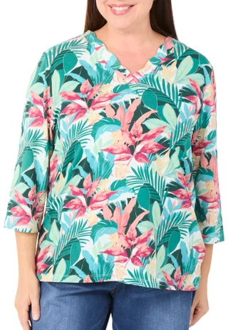 Thumbnail 1: Coral Bay Women's Plus 3/4 Sleeve Tropical Print Split Neck Top 