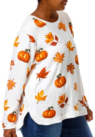 Thumbnail 4: Magical Season Women's Plus Long Sleeve Pumpkin Leaves Sweater 