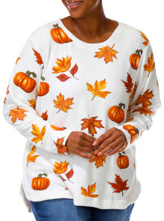 Thumbnail 5: Magical Season Women's Plus Long Sleeve Pumpkin Leaves Sweater 