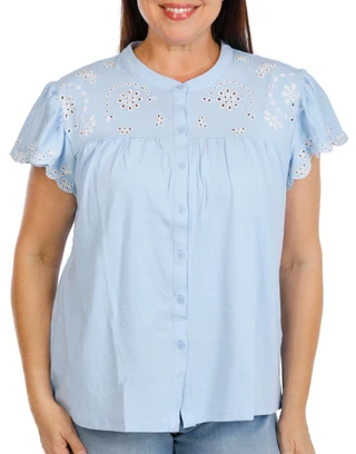 Thumbnail 1: Chelsea & Theodore Women's Plus Eyelet Embroidered Button Front Top 