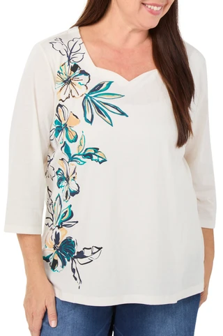 Thumbnail 1: Coral Bay Women's Plus 3/4 Sleeve V-Neck Floral Print Embossed Top  