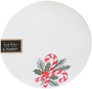 Thumbnail 1: Nicole Miller 4 Pk Christmas Candy Cane Embroidered Placemats 