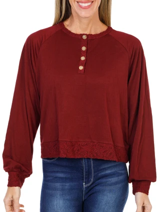 Thumbnail 1: BOBEAU Women's Long Sleeve Raglan Button Up Pullover Top  