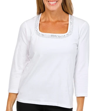 Thumbnail 1: Hearts of Palm Women's 3/4 Sleeve Embellished Square Neck Top 