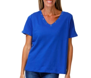Thumbnail 1: Coral Bay Women's Short Sleeve Grommet V Neck Top 