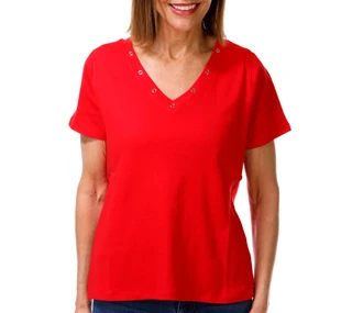 Thumbnail 1: Coral Bay Women's Short Sleeve Grommet V Neck Top 