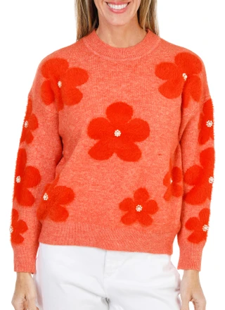 Thumbnail 1: Nanette Lepore Women's Petite Long Sleeve Flower Rhinestone Sweater Top 