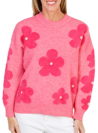 Thumbnail 1: Nanette Lepore Women's Petite Long Sleeve Flower Rhinestone Sweater Top 