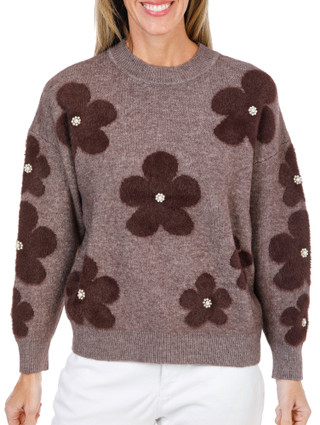 Thumbnail 1: Nanette Lepore Women's Petite Long Sleeve Flower Rhinestone Sweater Top 