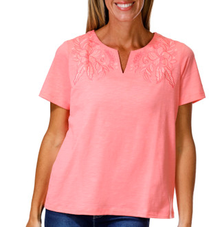 Thumbnail 1: Coral Bay Petite Short Sleeve Embroidered Floral Split Neck Top 