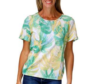 Thumbnail 1: Alfred Dunner Petite Short Sleeve Palm Leaves Studio Top 