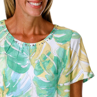 Thumbnail 2: Alfred Dunner Petite Short Sleeve Palm Leaves Studio Top 