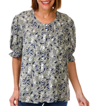 Thumbnail 1: Coral Bay Women's Short Sleeve Pintuck Print Top 