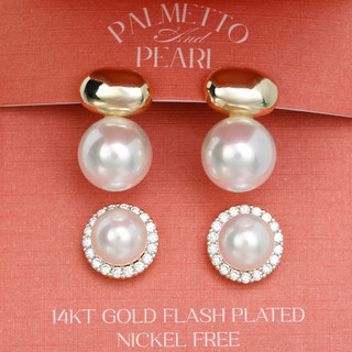 Thumbnail 3: Palmetto & Pearl 2 Pk 14KT Gold Flash Plated Earrings 