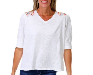 Thumbnail 1: Coral Bay Women's Short Sleeve Embellished Shoulder V Neck Top 