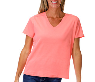 Thumbnail 1: Coral Bay Petite Short Sleeve Crochet Trim V Neck Top 
