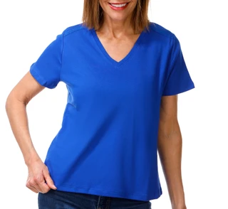 Thumbnail 1: Coral Bay Petite Short Sleeve Crochet Trim V Neck Top 