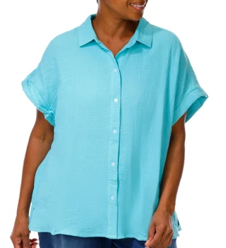 Thumbnail 1: Coral Bay Plus Short Sleeve Gauze Button Down Top 