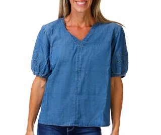 Thumbnail 1: Coral Bay Women's Short Sleeve Chambray Eyelet Top 