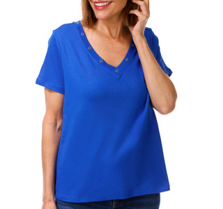 Thumbnail 1: Coral Bay Petite Short Sleeve V-Neck Grommet Top 