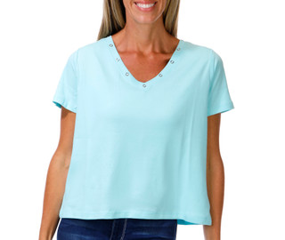 Thumbnail 1: Coral Bay Petite Short Sleeve V-Neck Grommet Top 